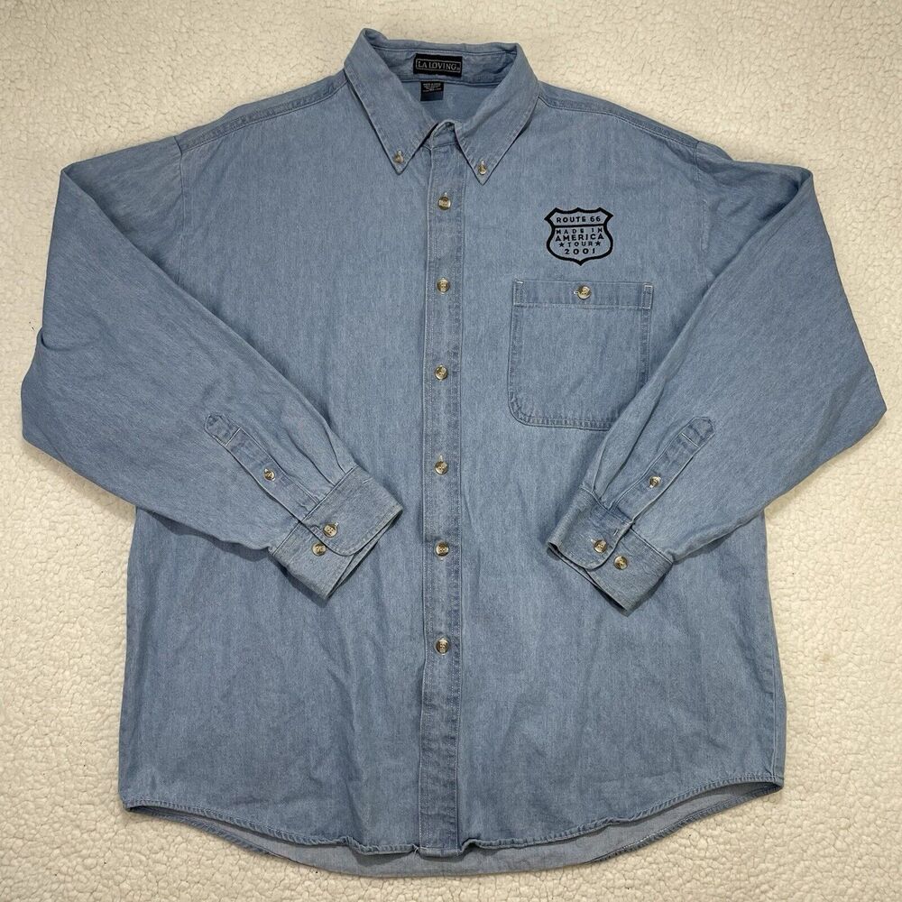 Vintage Harley Route 66 2001 Tour LA Loving Long Sleeve Denim Button Shirt USA